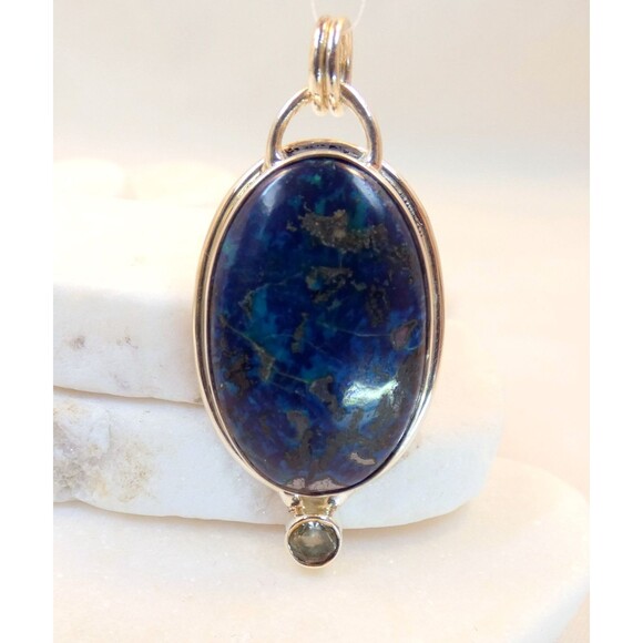 Natural Deep Blue Azurite & Blue Topaz  925 Sterling Silver Pendant - Picture 2 of 8